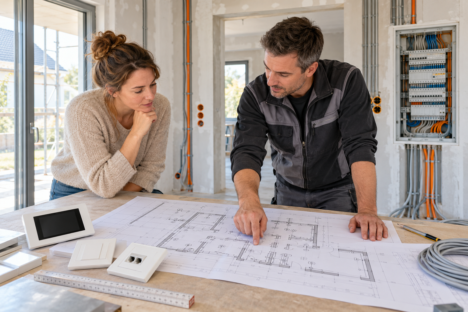 Bauherrin und Fachplaner besprechen Netzwerk und Bedienpunkte anhand eines Grundrisses im Neubau
