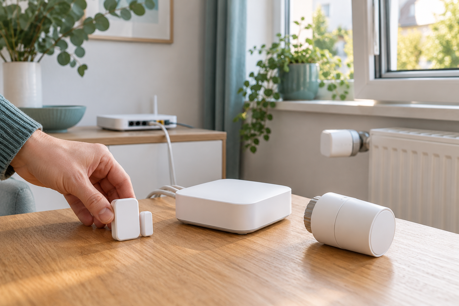 Steuerzentrale mit Fensterkontakt und Heizkörperthermostat zur Prüfung passender Funkkomponenten