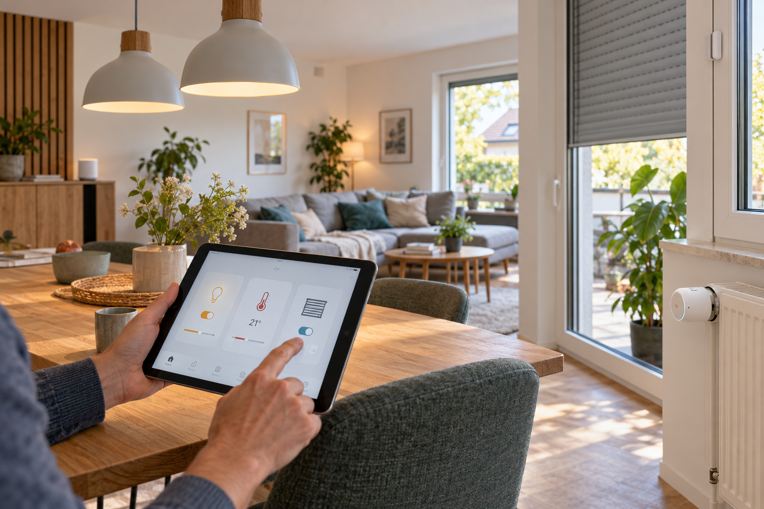 Tablet steuert Licht, Heizung und Beschattung in einem vernetzten Wohnzimmer
