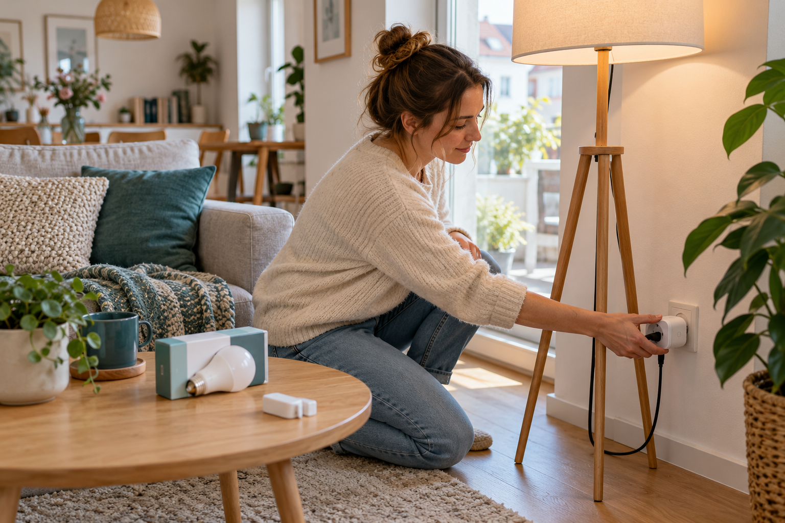 Nachrüstung einer Stehlampe mit einer smarten Zwischensteckdose in einer bestehenden Wohnung