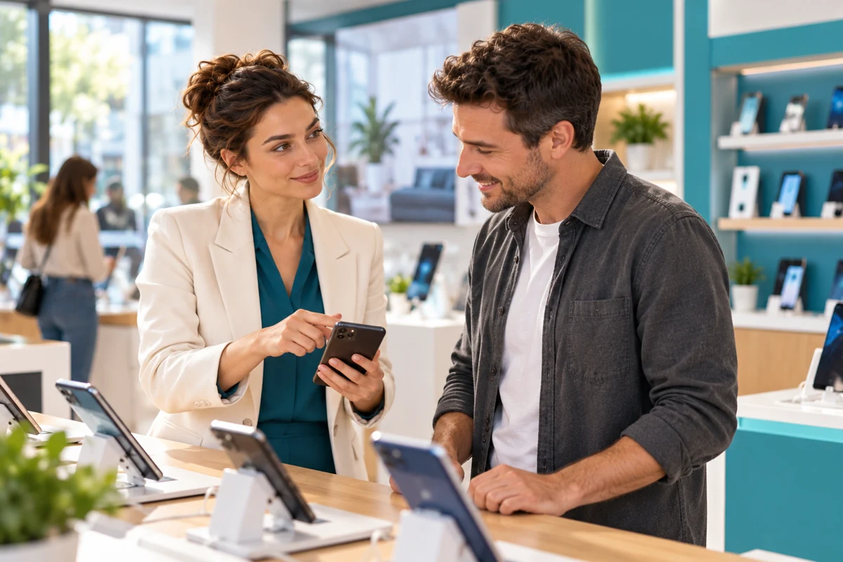 Die Marini-Beraterin prüft mit einem Kunden im Shop passende Mobilfunkmöglichkeiten
