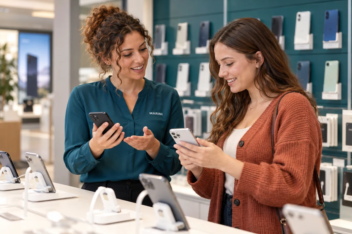 Marini-Beraterin und Kundin vergleichen Smartphones im Shop